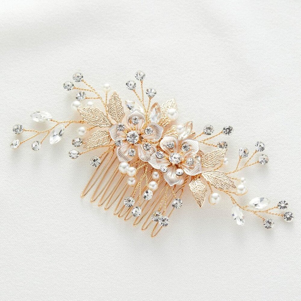 Flower Bride Wedding Hair Comb Pearl Bridal Crystal Leaf Gold Headpiece Rhinesto